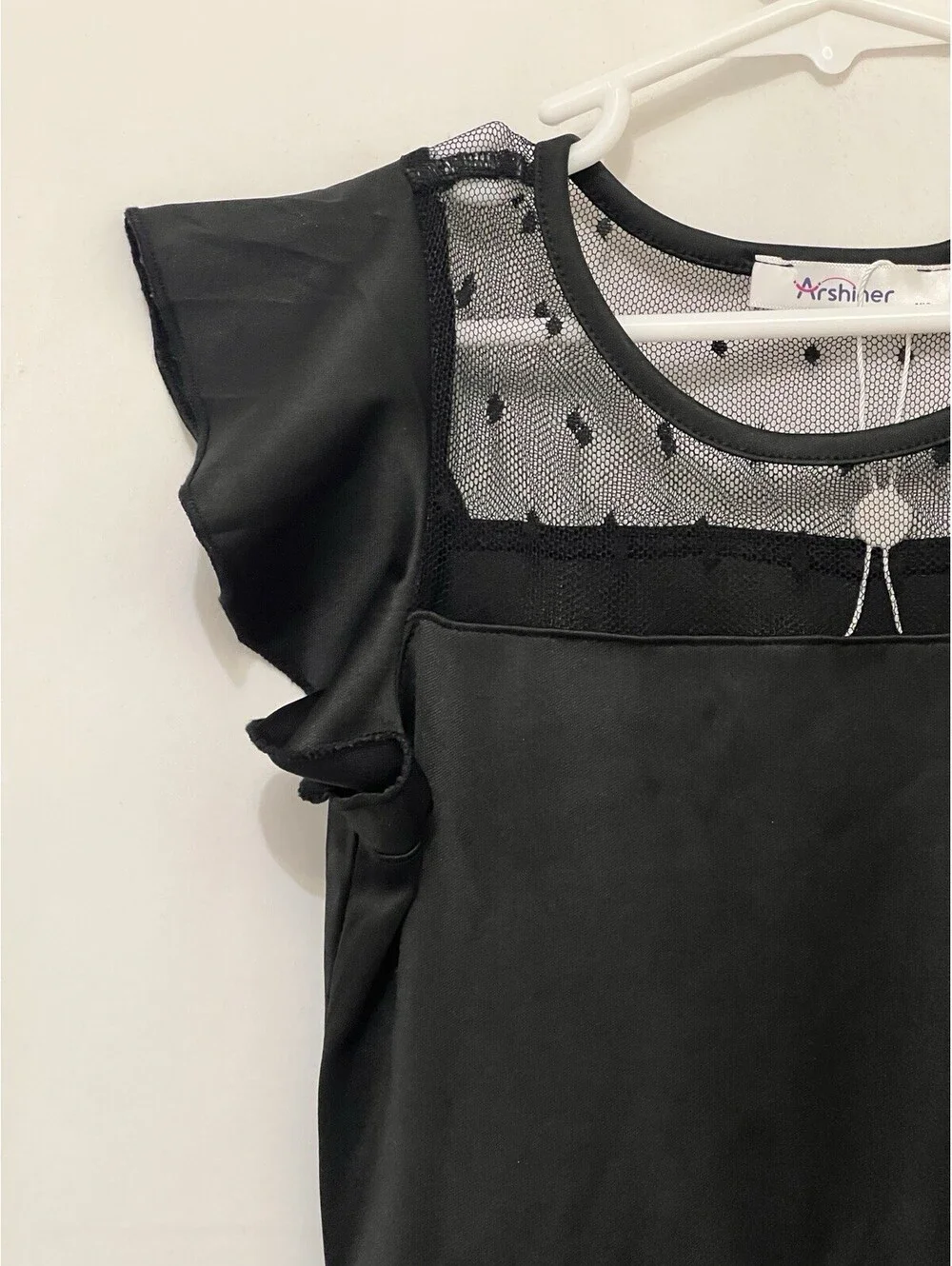 New Arshiner Girls Black Dress Mesh Polka Dot Ruffle Sleeve Formal Party Sz 10